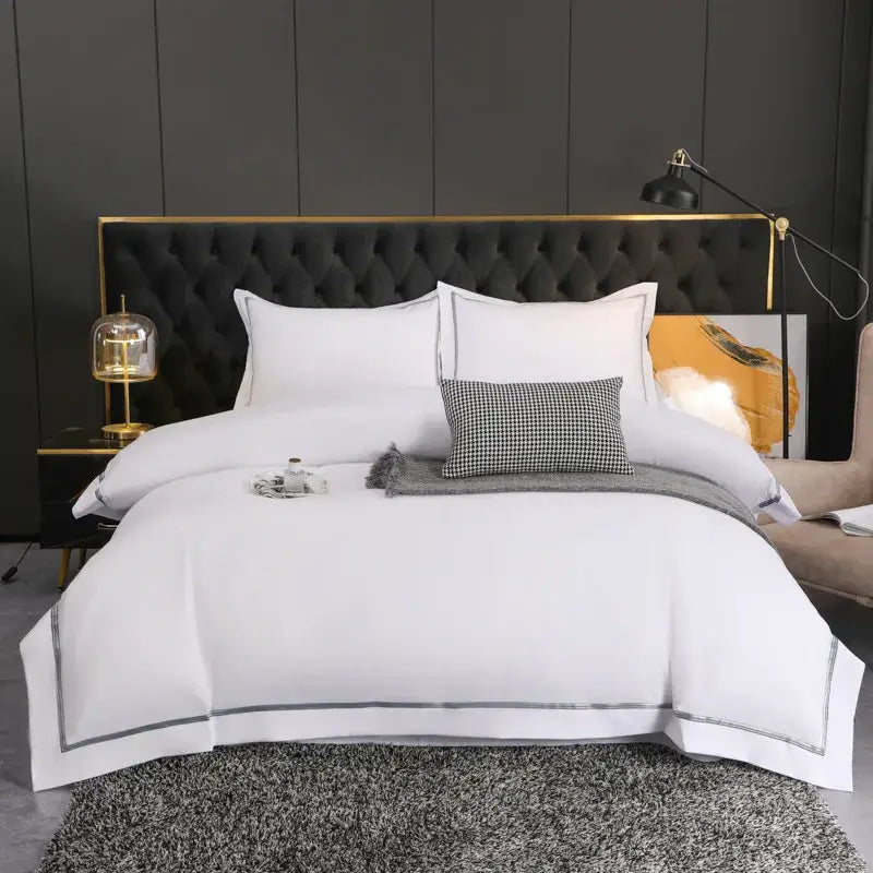 White satin duvet cover with elegant silver piping from decorbites brushed hotel style bedding sets for bedroom decor