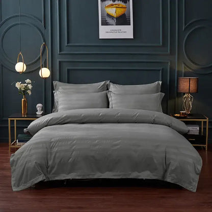 Gray satin duvet cover set with subtle striped texture and elegant finish from decorbites brushed hotel style bedding sets