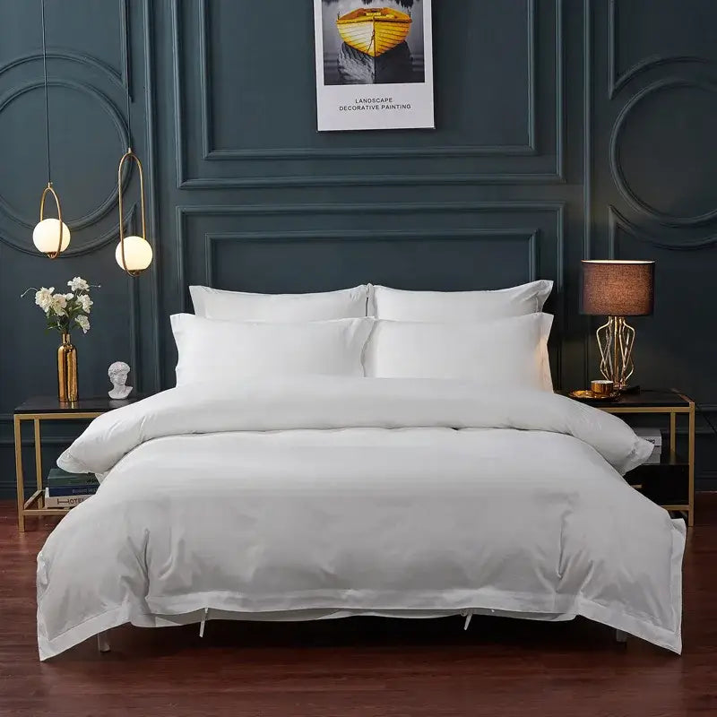 White satin-like bedspread with smooth luxurious texture and subtle sheen in decorbites brushed hotel style bedding sets