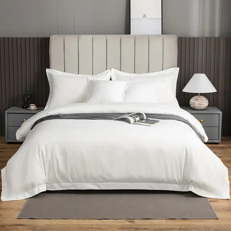 White satin brushed hotel style bedding sets with subtle sheen duvet cover and matching pillows plus dark gray throw blanket