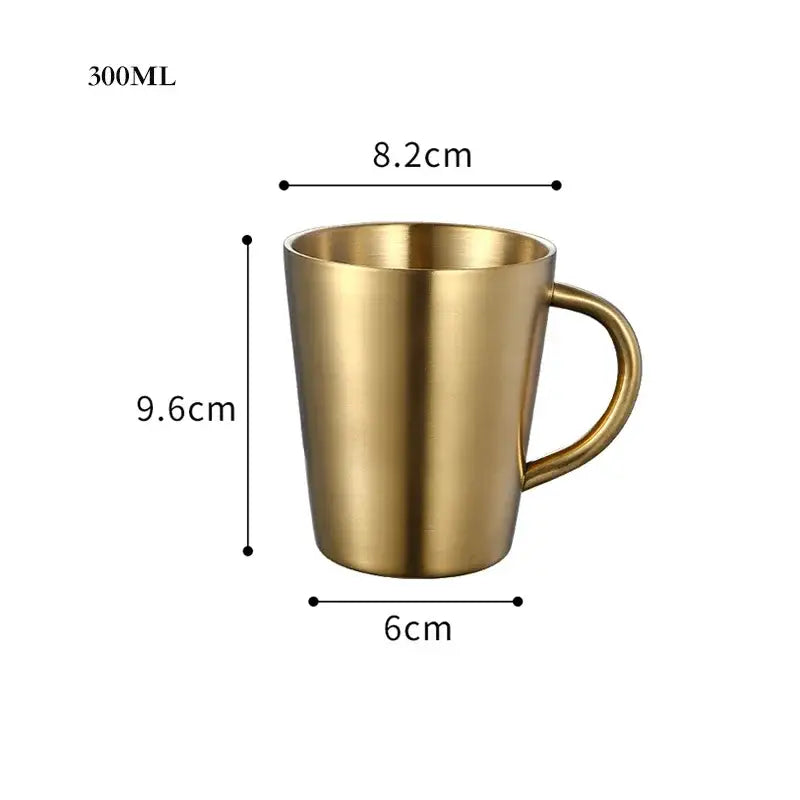 A sleek 300ml gold-toned stainless steel thermal mug with minimalist design and smooth reflective surface