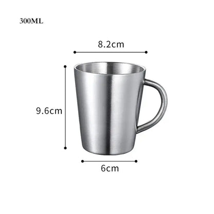 A sleek brushed stainless steel 300ml thermal mug with cylindrical shape and integrated handle for drinkware use