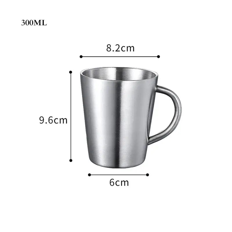 A sleek brushed stainless steel 300ml thermal mug with cylindrical shape and integrated handle for drinkware use