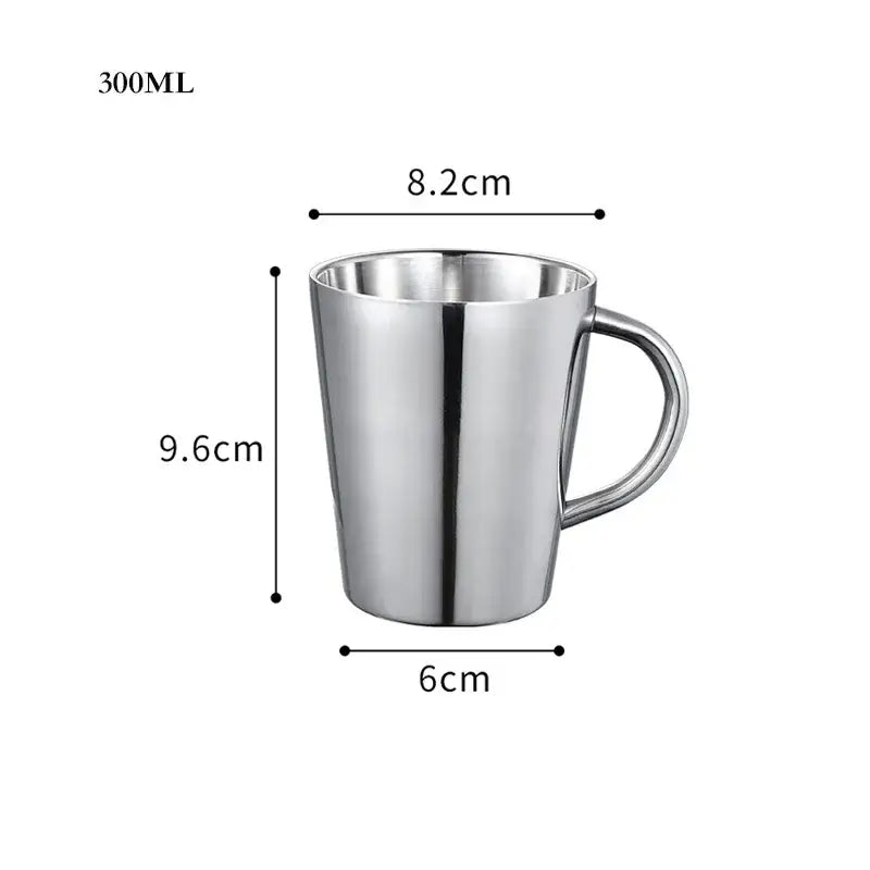 A sleek 300ml stainless steel thermal mug with polished finish and sturdy handle for kitchen drinkware use