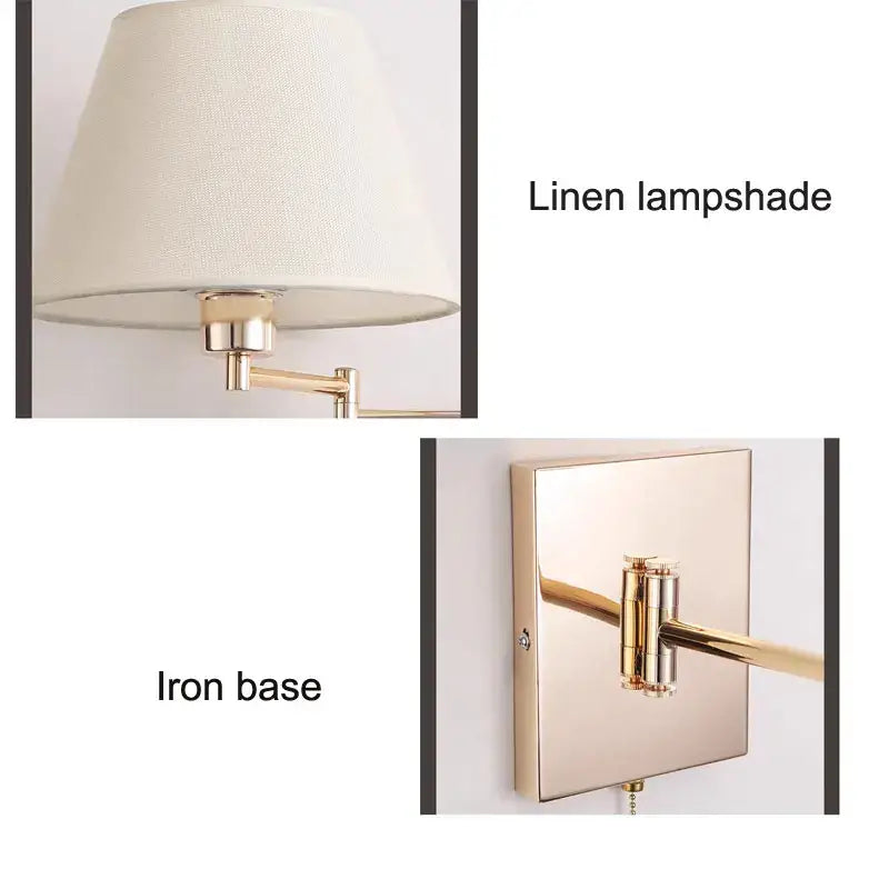 Beige linen lampshade wall lamp with polished brass iron base and adjustable rocker arm for living room lighting