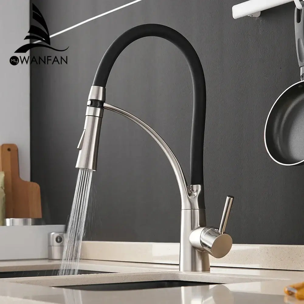 Brushed nickel and black kitchen sink faucet with pull down spray head and black flexible hose in stainless steel