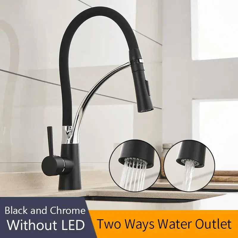 Brushed nickel and black kitchen sink faucet with flexible gooseneck spout and pull down spray head for sink faucet use