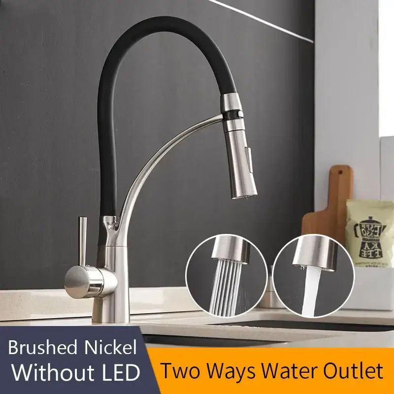 Brushed nickel and black kitchen sink faucet with pull down spray head and two water outlet options for sink faucet use