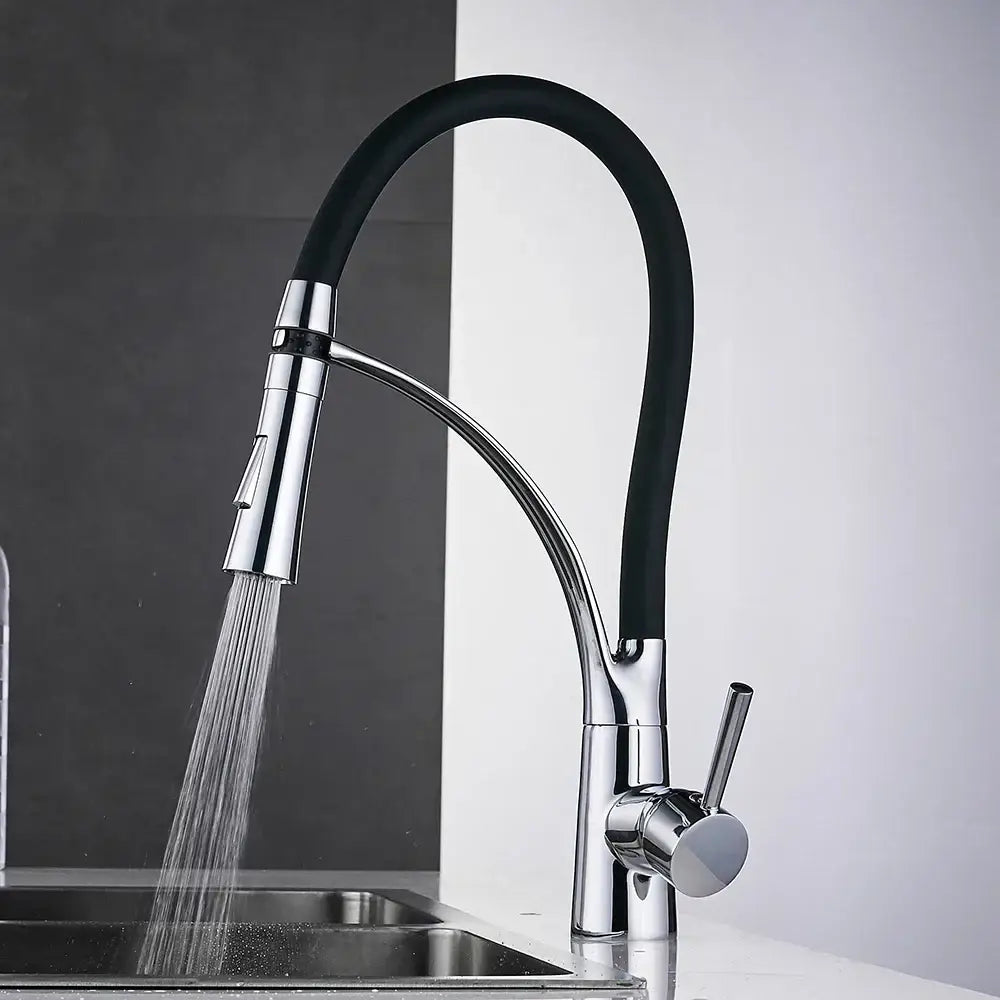 Brushed nickel and black kitchen sink faucet with chrome finish pull-down spray and flexible hose for modern kitchen sink