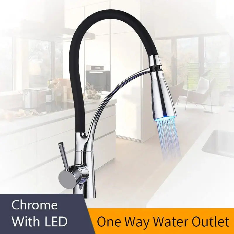 Brushed nickel and black kitchen sink faucet with pull down spray, chrome finish, black flexible hose, and led lighting for modern sinks