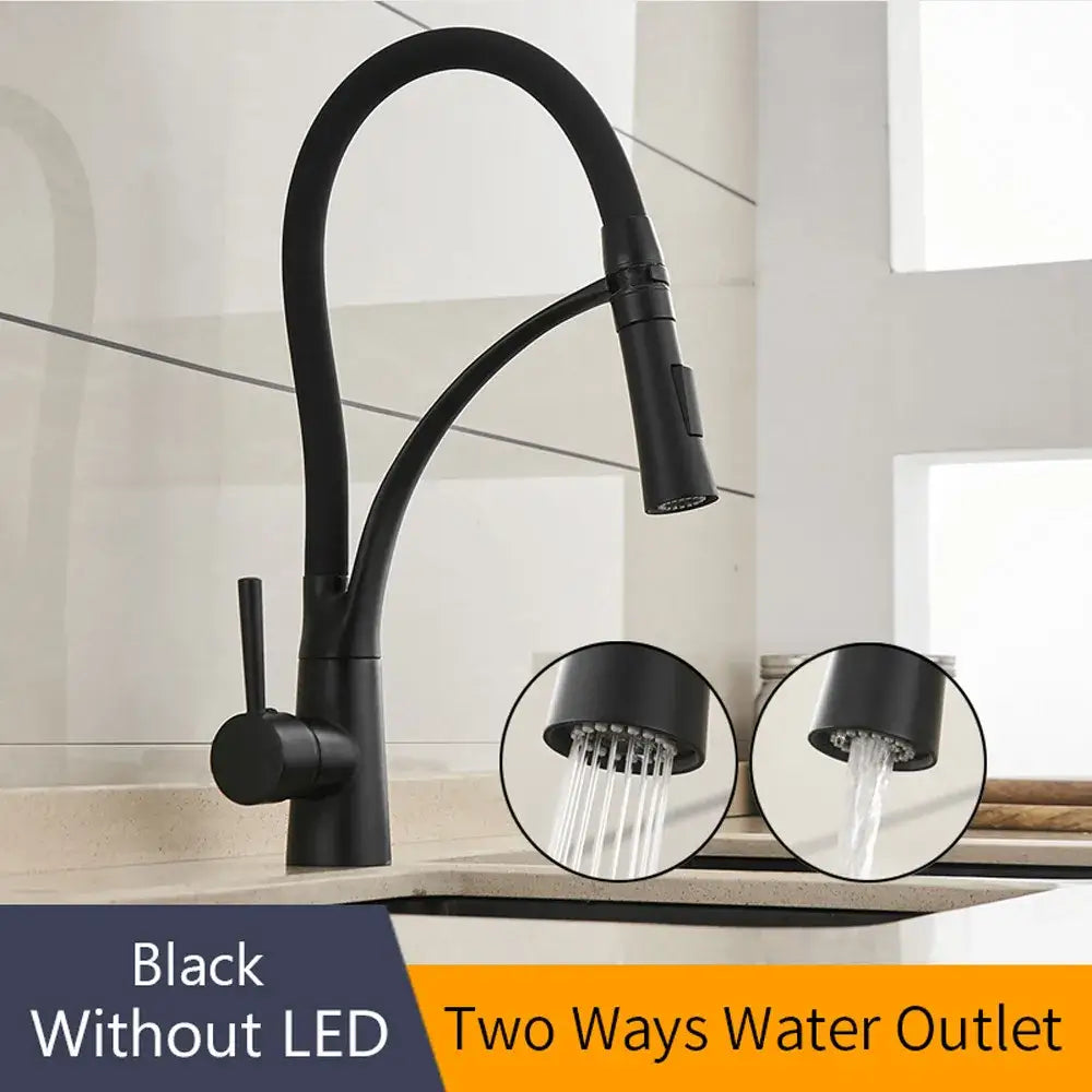 Black matte finish kitchen sink faucet with flexible gooseneck spout and pull down spray head with two settings