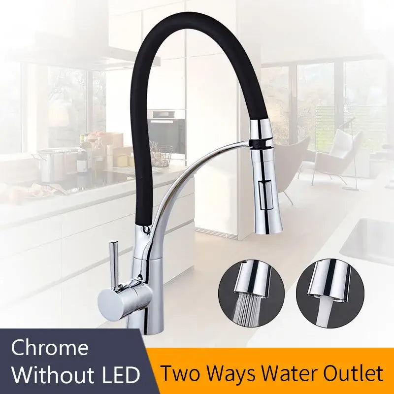 Chrome finished kitchen sink faucet with flexible black rubber hose and pull down spray for versatile kitchen use