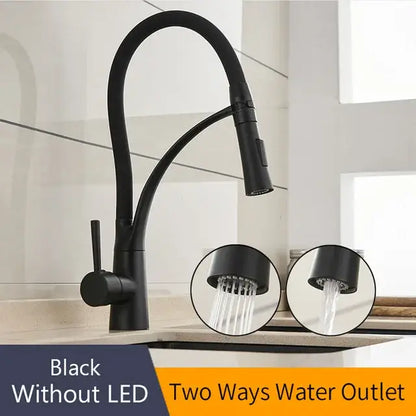 Black matte and brushed nickel kitchen sink faucet with pull down spray head and sleek curved spout for modern kitchens