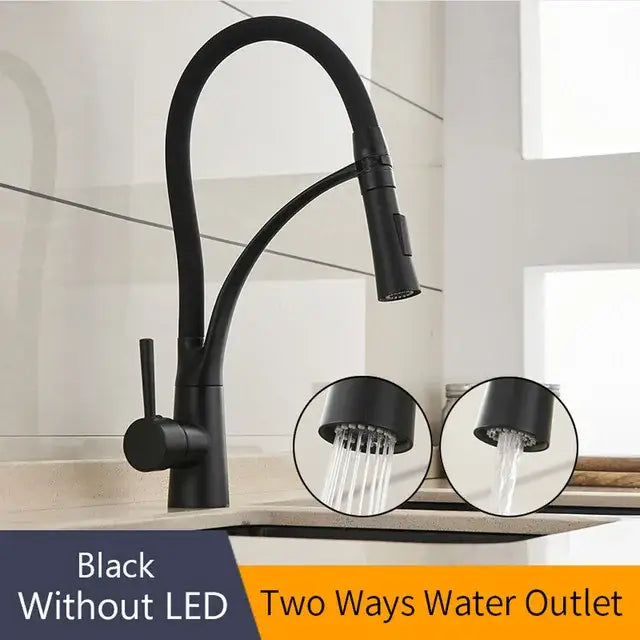 Black matte and brushed nickel kitchen sink faucet with pull down spray head and sleek curved spout for modern kitchens