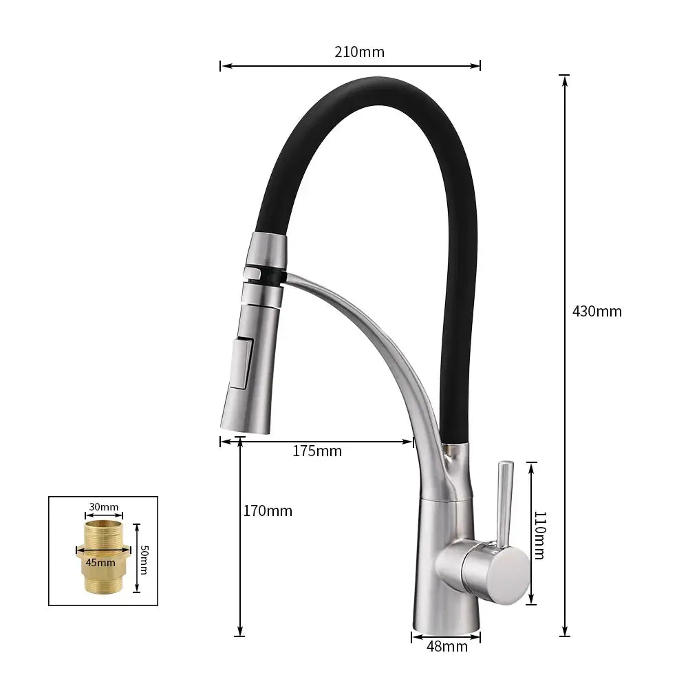 Brushed nickel and black kitchen sink faucet with sleek stainless steel body and pull down spray for flexible use