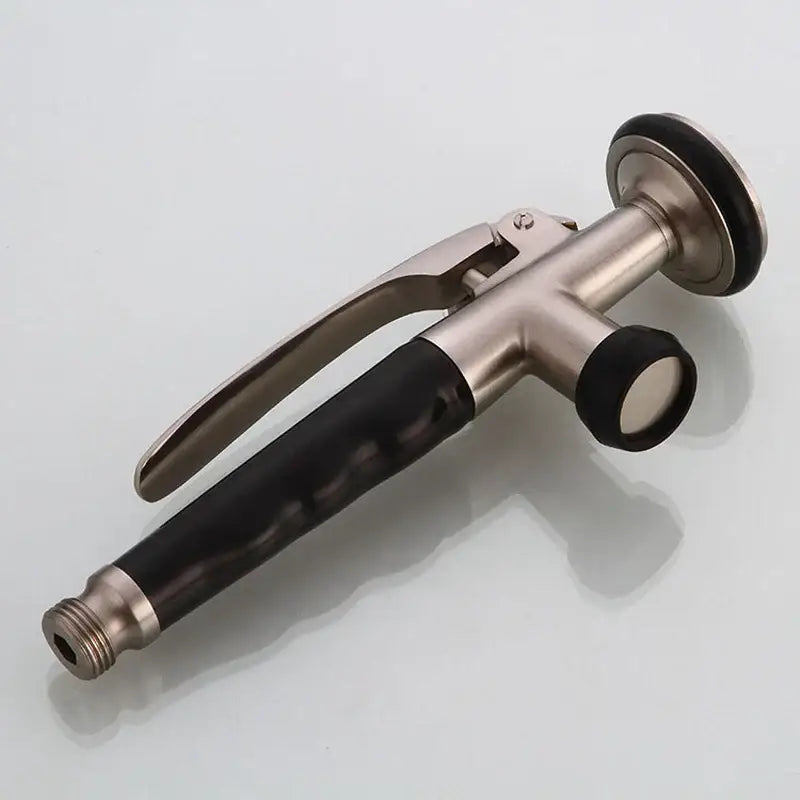 Brushed nickel and chrome kitchen shower head with stainless steel and black rubber grip trigger mechanism