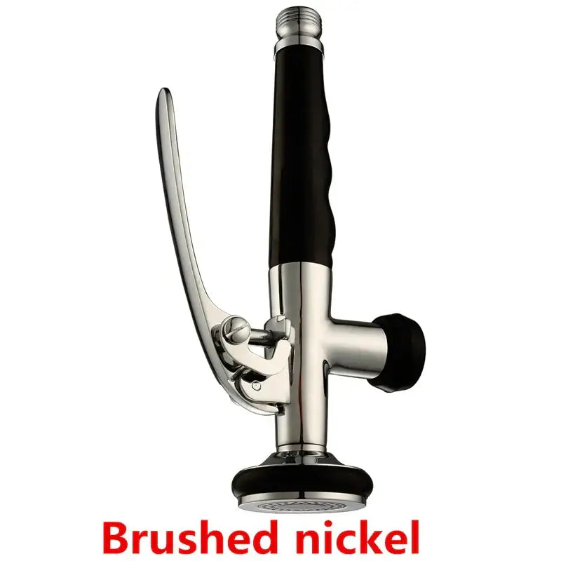 Brushed nickel and chrome kitchen sprayer head with black rubber grip and trigger for decorbites brass kitchen use