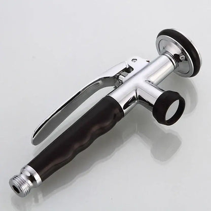 Chrome finished kitchen sprayer head with textured black rubber grip and circular trigger from decorbites brass kitchen