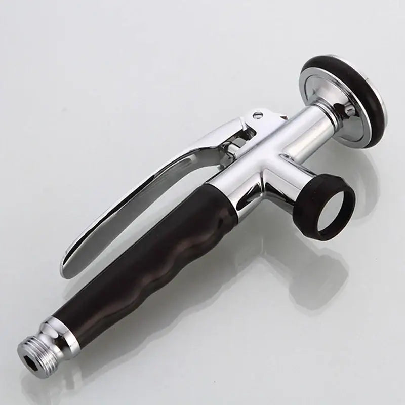 Chrome finished kitchen sprayer head with textured black rubber grip and circular trigger from decorbites brass kitchen