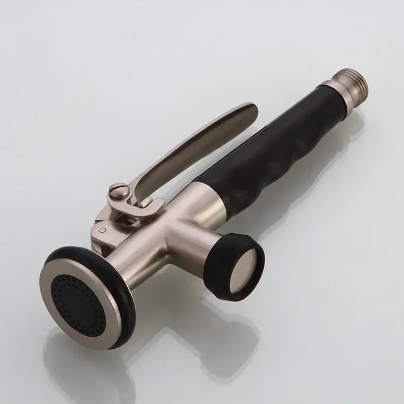 Brushed nickel and chrome kitchen sprayer head with black and stainless steel textured rubber grip handle by decorbites brass kitchen