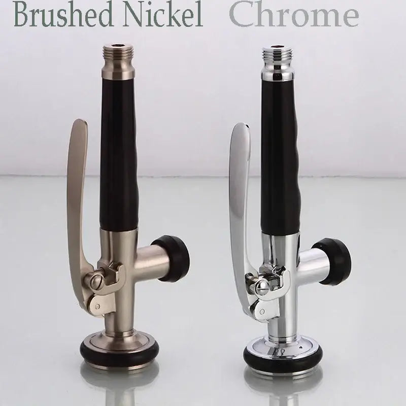 Brushed nickel and chrome kitchen sprayer head with black rubber grip handles from decorbites brass kitchen collection