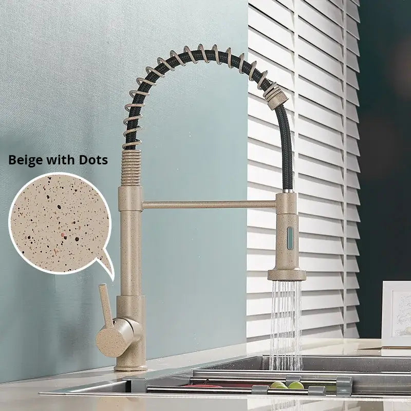 Beige speckled brushed nickel kitchen faucet with flexible coiled spring black hose and pull-down sprayer decorbites brushed nickel