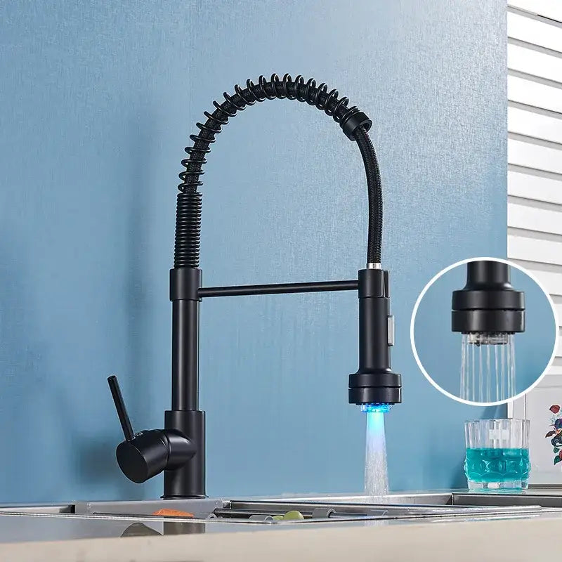 Black matte kitchen faucet with flexible coiled spring hose and blue led lighting for decorbites brushed nickel kitchen faucet