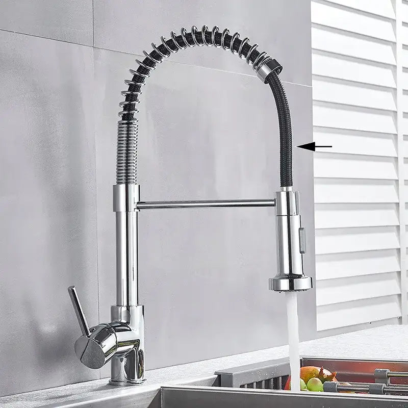 Brushed nickel kitchen faucet with pull-down sprayer featuring a chrome finish and flexible black-coated hose decorbites brushed nickel
