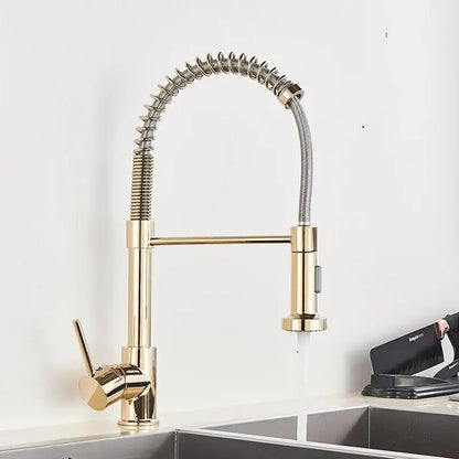 Brushed nickel kitchen faucet with flexible coiled spring hose and pull-down sprayer by decorbites in gold tone