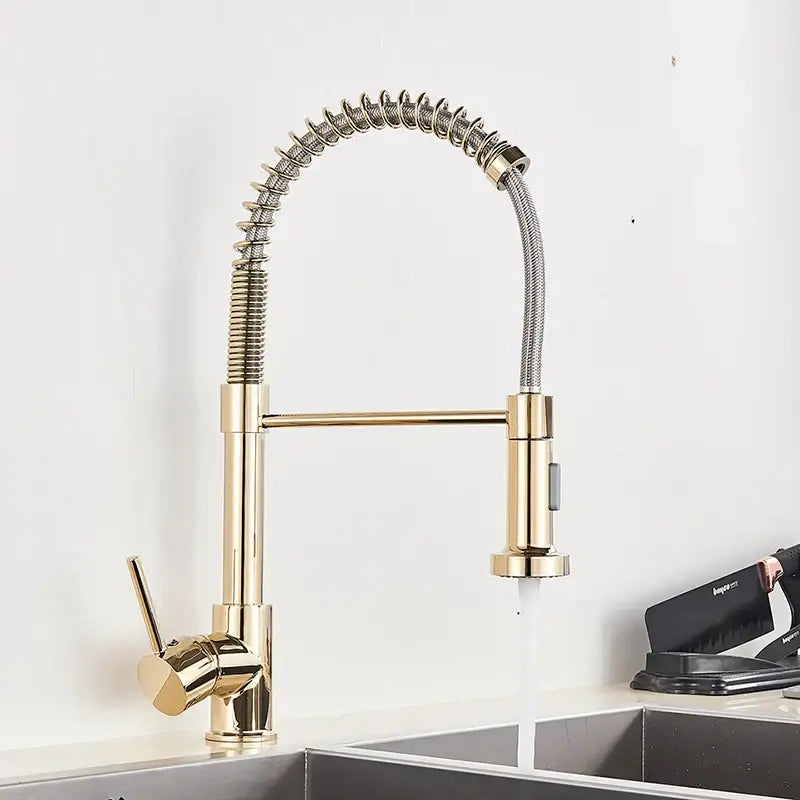 Brushed nickel kitchen faucet with flexible coiled spring hose and pull-down sprayer by decorbites in gold tone