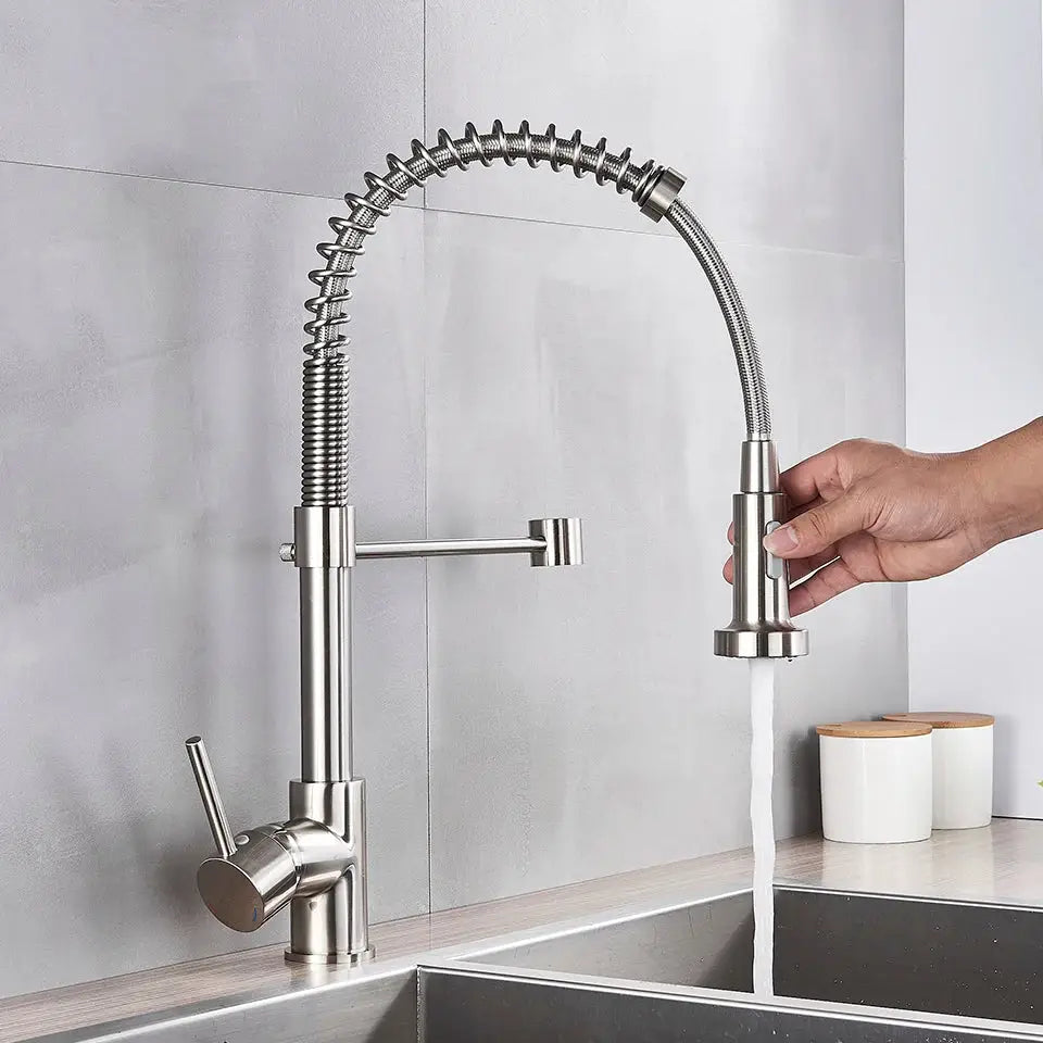 Brushed nickel kitchen faucet with flexible coiled spring and pull down sprayer from decorbites brushed nickel series