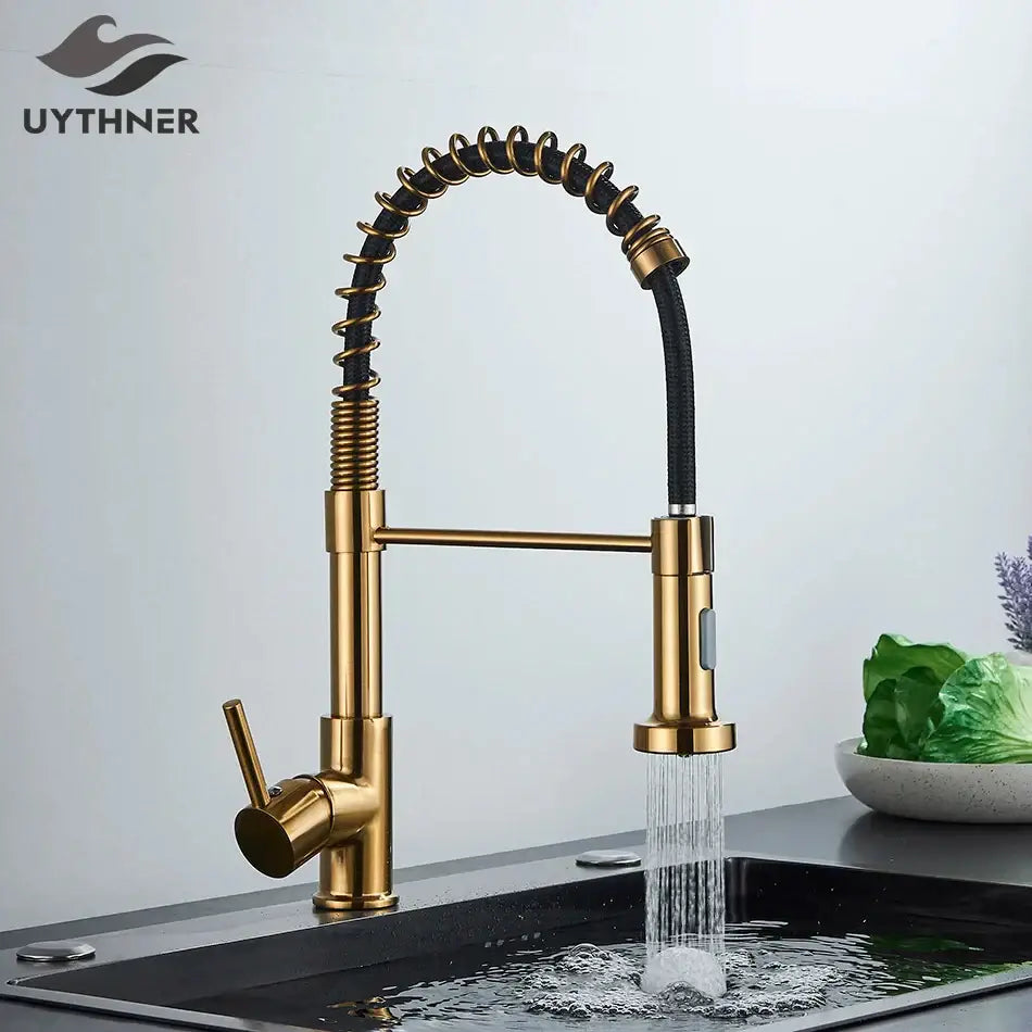 Gold-colored kitchen faucet with flexible coiled hose and sleek modern design from decorbites brushed nickel series
