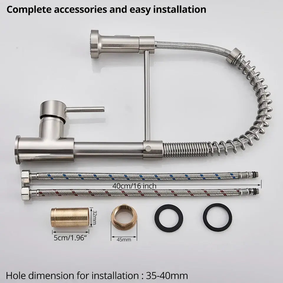 Brushed nickel kitchen faucet with flexible coiled spring hose and matching braided supply lines by decorbites