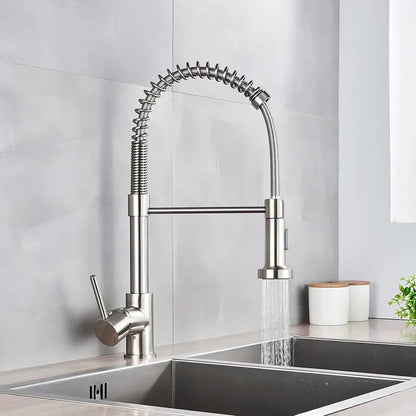 Brushed nickel kitchen faucet with flexible coiled spring hose and pull-down sprayer decorbites brushed nickel model