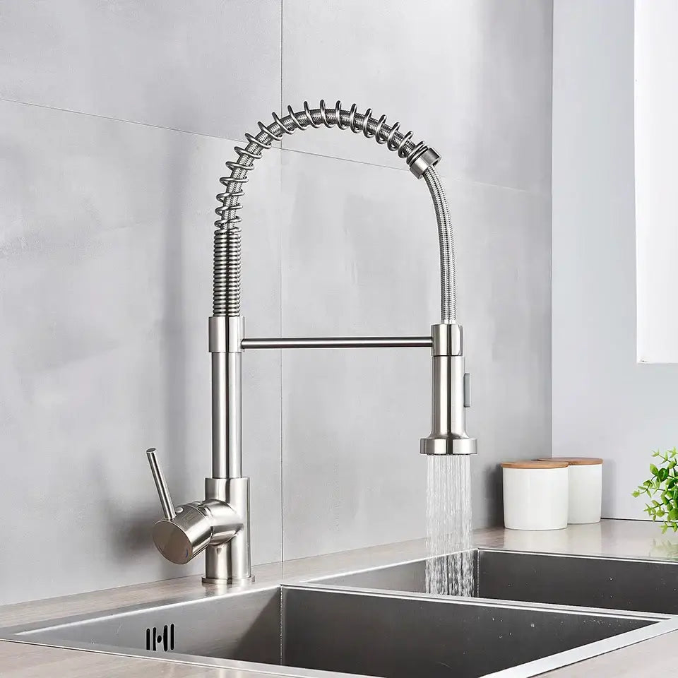 Brushed nickel kitchen faucet with flexible coiled spring hose and pull-down sprayer decorbites brushed nickel model