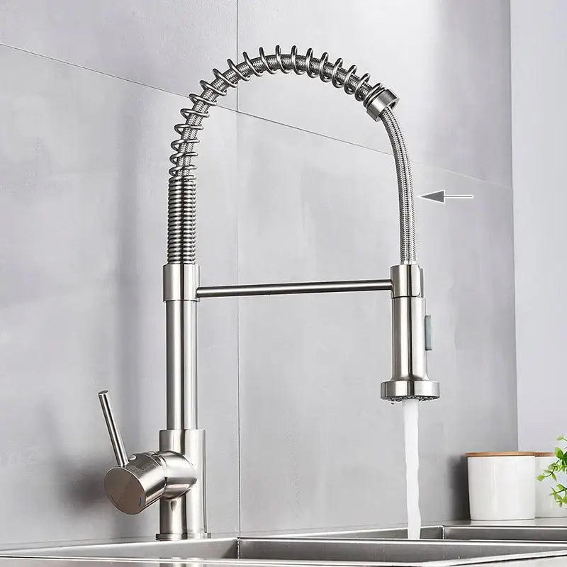 Brushed nickel kitchen faucet with coiled spring gooseneck spout and pull down sprayer by decorbites