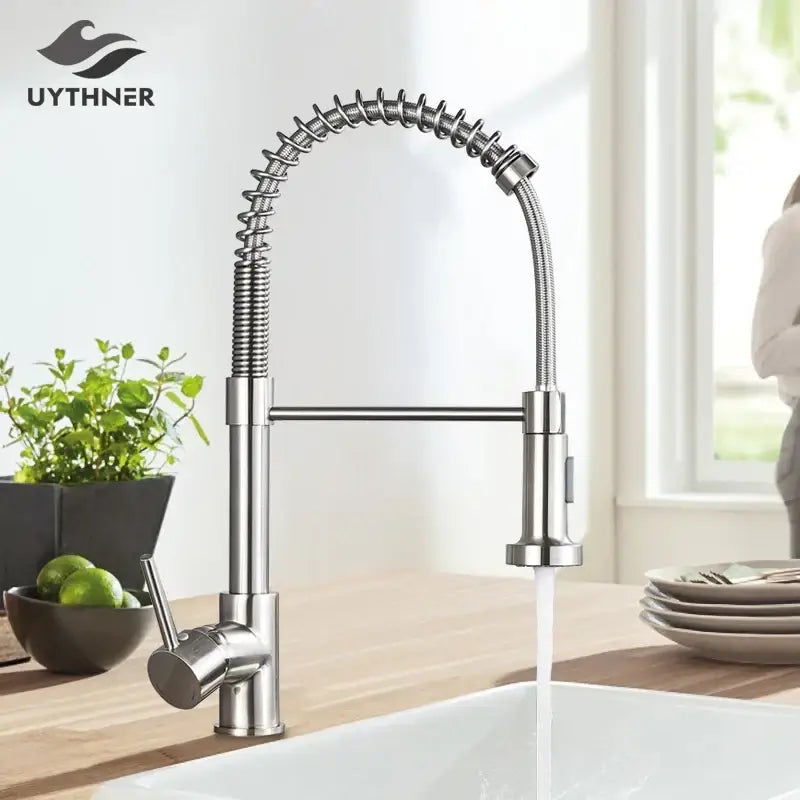 Brushed nickel kitchen faucet with flexible coiled gooseneck spout and pull-down sprayer by decorbites