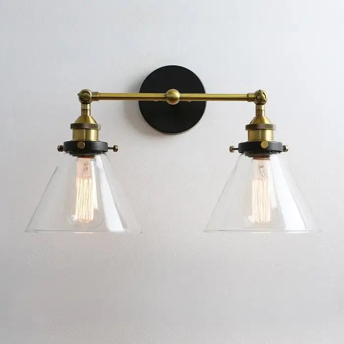Brass and black wall lamp with two clear conical funnel glass shades metal fixture for decorbites funnel glass bedroom sconce