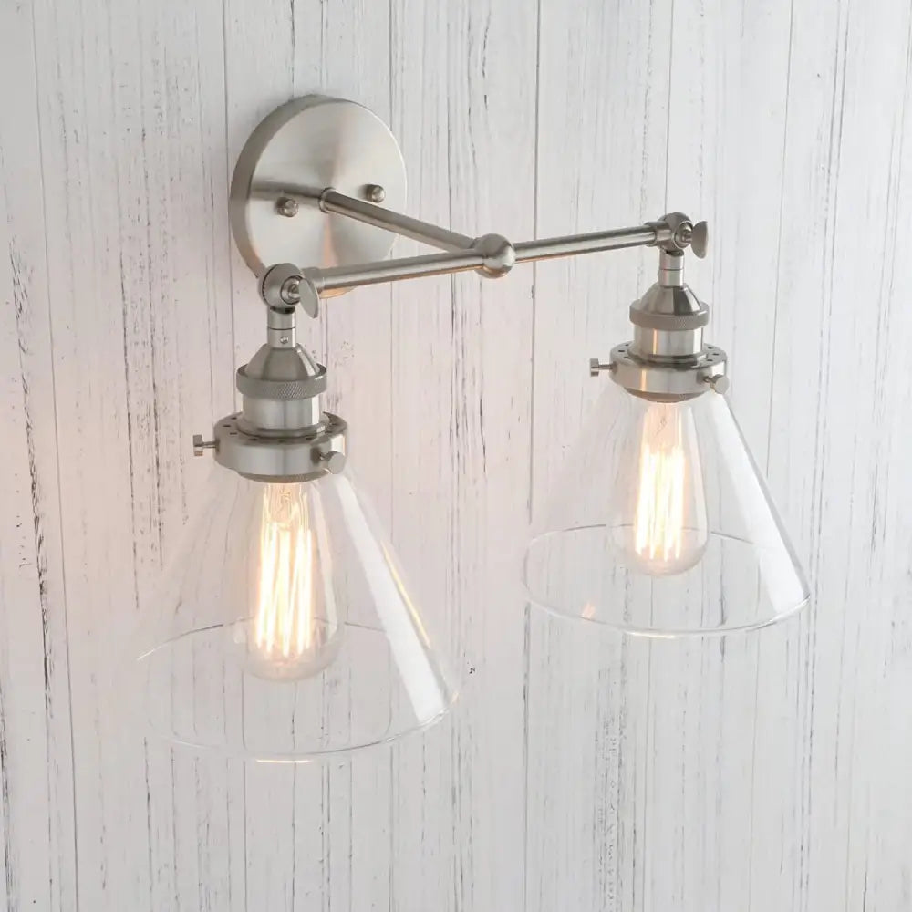 Brushed nickel funnel glass metal wall lamp with two exposed Edison bulbs ideal for bedroom decorbites funnel glass