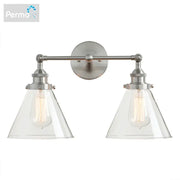 Permo brushed nickel wall lamp with dual clear funnel glass metal shades for bedroom sconce decorbites funnel glass design