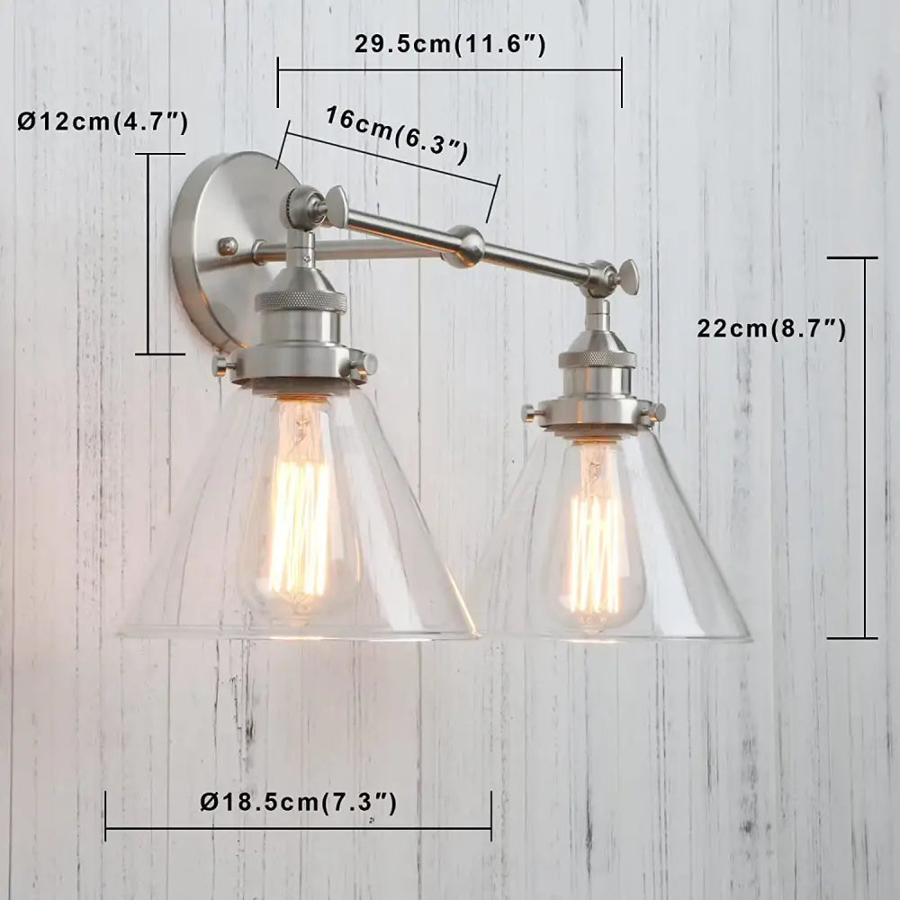 Brushed nickel funnel glass metal wall lamp with two clear shades and exposed edison bulbs for bedroom decorbites funnel glass