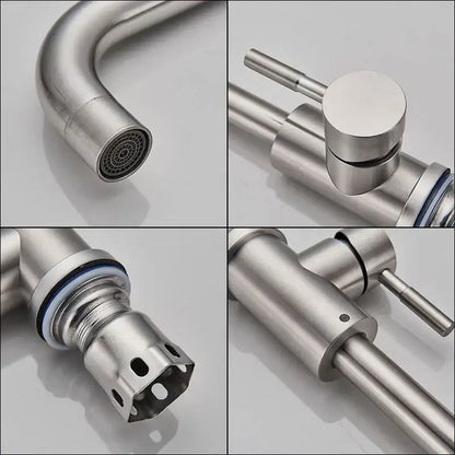 Brushed nickel kitchen faucet with curved swivel spout in modern brushed stainless steel finish by decorbites