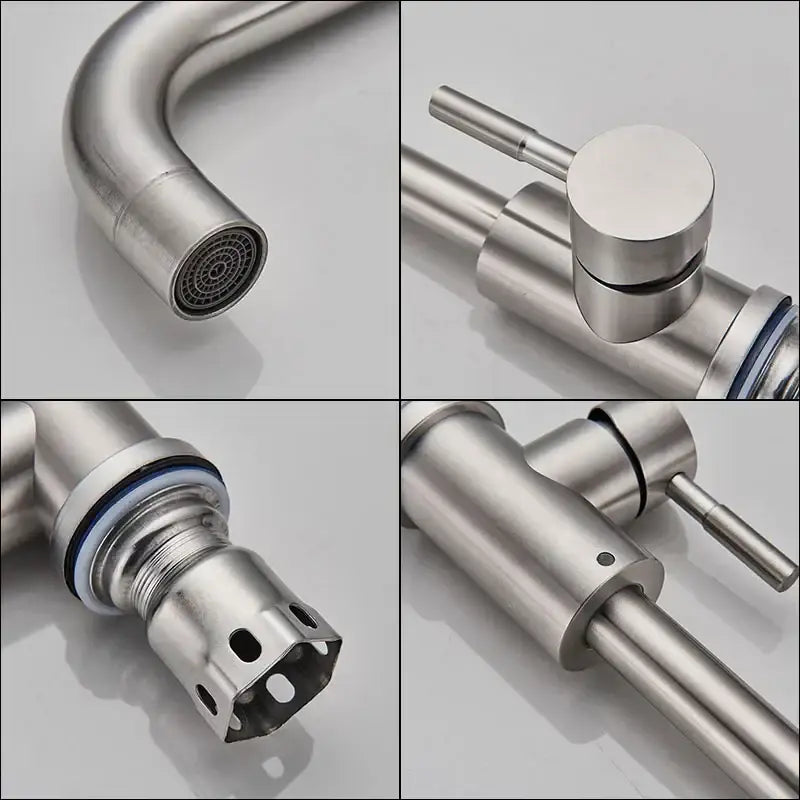 Brushed nickel kitchen faucet with curved swivel spout in modern brushed stainless steel finish by decorbites
