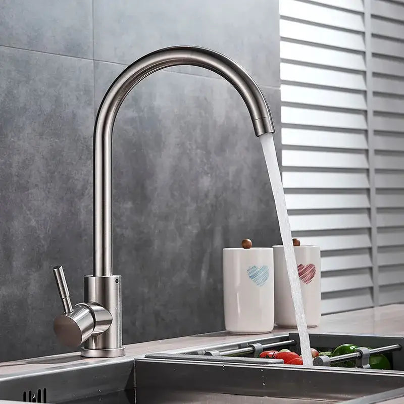 Modern brushed nickel kitchen faucet with curved swivel spout and single lever handle by decorbites brushed nickel