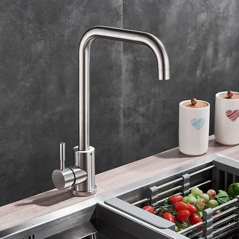 Brushed nickel kitchen faucet with sleek curved swivel spout in stainless steel finish by decorbites brushed nickel