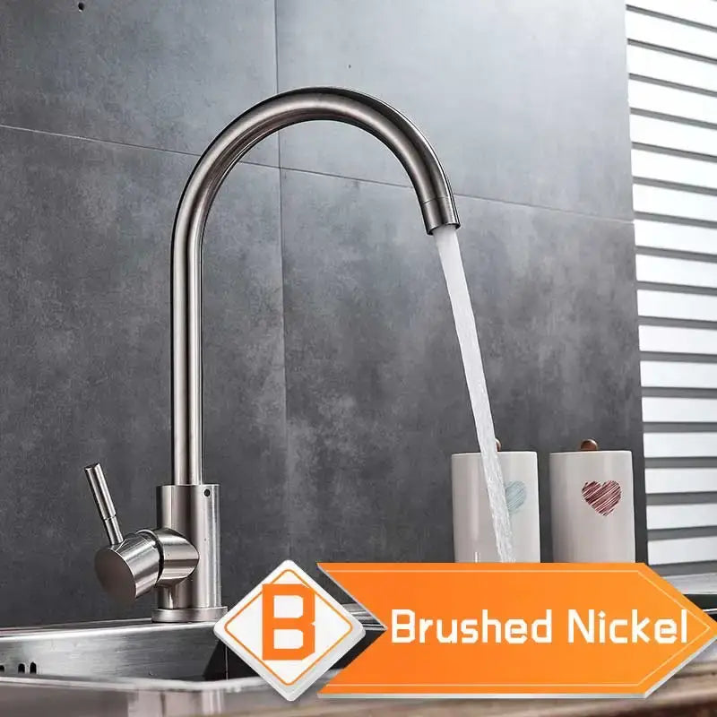 Brushed nickel kitchen faucet with curved swivel spout and single lever handle from decorbites brushed nickel collection