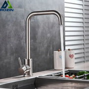 Brushed nickel kitchen faucet by decorbites with a sleek curved swivel spout and single lever handle in stainless steel
