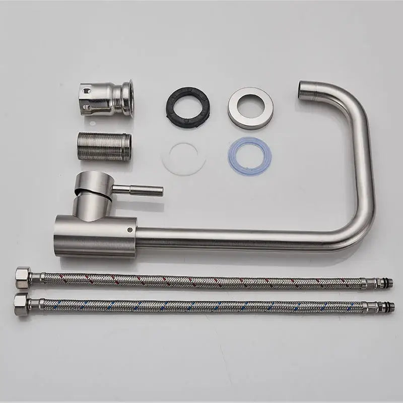 Brushed nickel kitchen faucet with a sleek modern design and curved swivel spout by decorbites