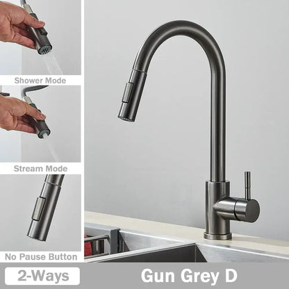 Gun grey matte finish kitchen faucet with brushed nickel pull-out spray head by decorbites for modern kitchen use