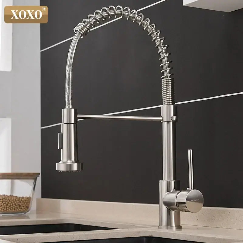 Brushed nickel kitchen faucet by decorbites with pull down coiled gooseneck spout in stainless steel finish